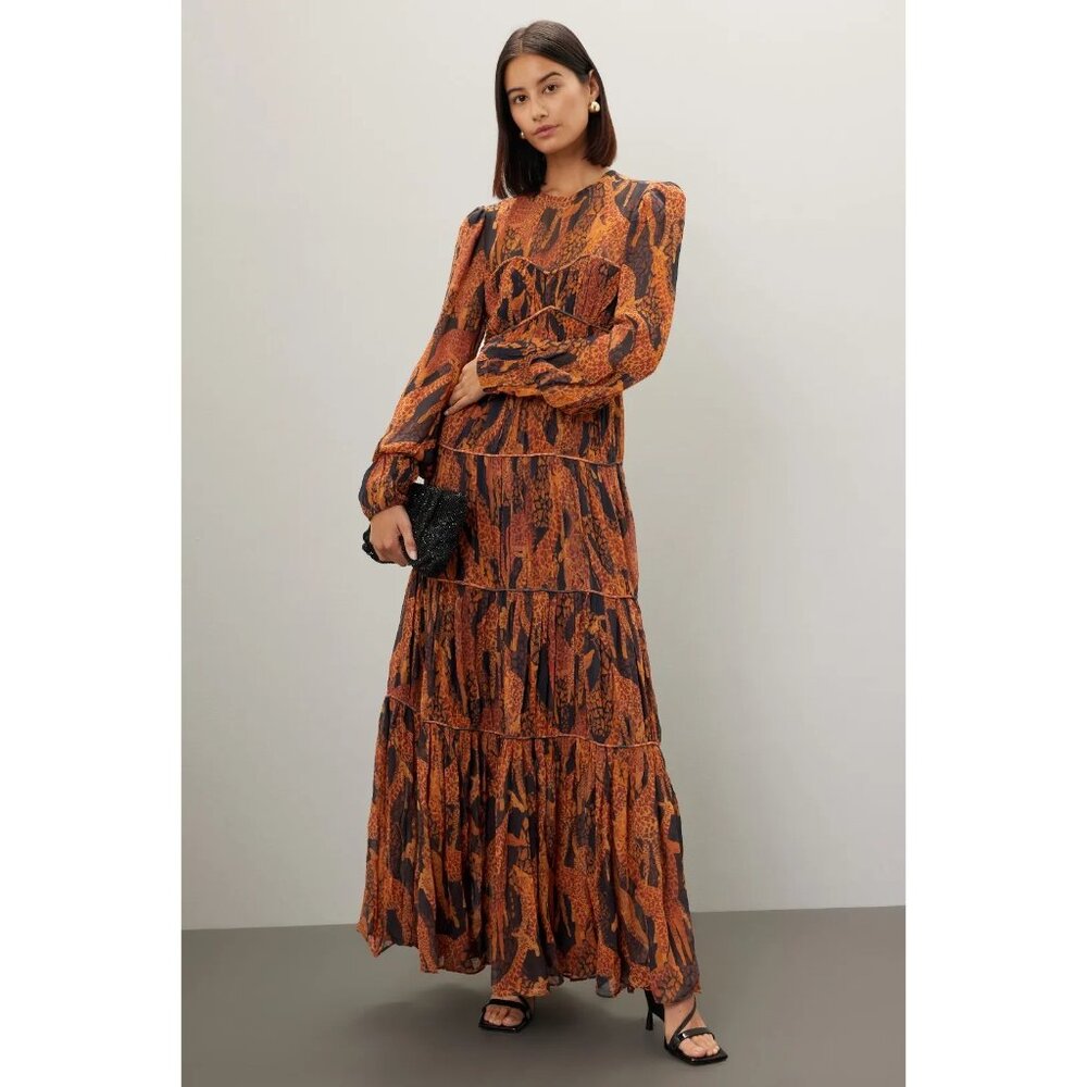 FARM Rio Orange and Black Tiered Long Sleeve Maxi Dress